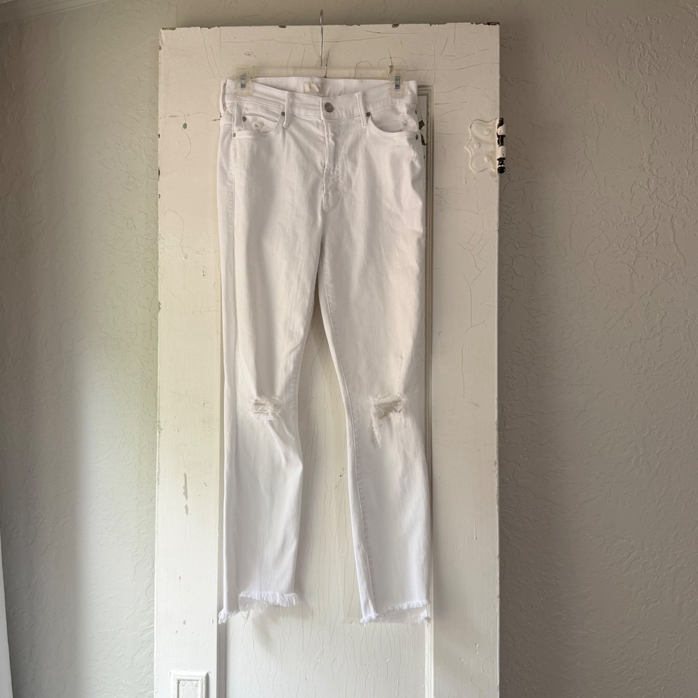 MOTHER Stunner Zip Ankle Step Fray White Distressed Skinny Jeans Size 27